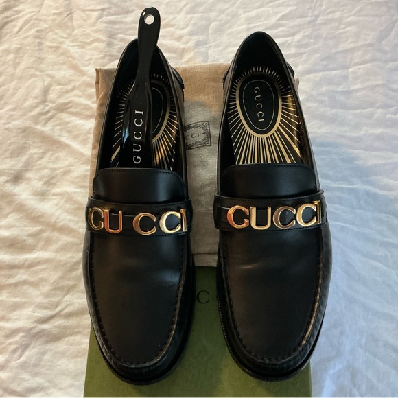 Gucci Black Leather Slip-On Loafers with Gold Accents - Picture 1 of 5